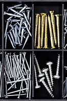 Screws and nails in accessory box or compartments of tool box.