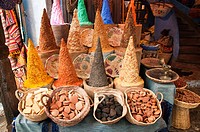 Street spice shop in Chaouen, Morocco, also known as ´The Blue Village´ due to the pigment traditionally embedded in the plaster