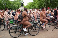 UNITED KINGDOM - ENGLAND LONDON HYDE PARK Naked people riding their bicycles on formation at Hyde Park while participating at the “world naked bike ri...