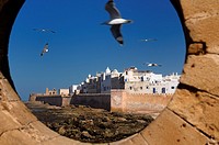 North bastion and ramparts of Essaouira Morocco viewed from Sqala du Port keyhole window