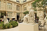 Museum coffee shop in the foreground : a statue by Simon Mansion 1773 1854 , Diana the hunteress Beaux Arts Museum ROUEN Normandy 76 France