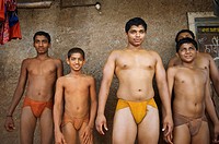 India, Maharashtra, Kolhapur, Motibag Thalim, name of the wresling school, traditional Kushti, practice since more than 3000 years, young boys leave a...