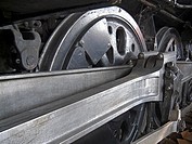 Driver wheels on a steam locomotive on display at Union Station, Los Angeles, California