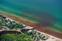 Aerial view of the discharge of Lincoln River into Lake Michigan, USA
