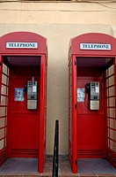 Two old-fashioned public telephone boxes in Gibraltar, British Overseas Territory, England