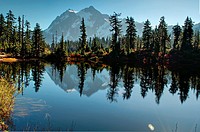 This landscape photo is of Picture Lake at Heather Meadows on Mt  Baker Washington in autumn  Breath taking mountain is reflected off the water of the...