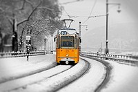 Traditional Yellow Budapest tram in the snow