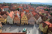 Marktplatz, Rothenburg Ob der Tauber, Franconia, Bavaria, Germany, Europe  Aerial view of rooftops from the Town Hall Rathaus tower