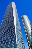 View from below of Crystal Tower and Espacio Tower located in Cuatro Torres Business Area of Madrid, Comunidad de Madrid, Spain, Europe