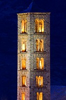 Bell tower of the Romanesque church of Sant Climent lit -Taüll - Vall de Boi - Pyrenees - Lleida Province - Catalonia - Cataluña - Spain
