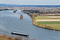 Romanian cargo ship travels north on the Danube river near Regensburg, Germany