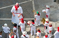 Street music band parade, San Fermin street-partying, Pamplona, Navarra Navarre, Spain, Europe