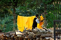 Yellow blanket is being dried in a suburb of Changchun, China