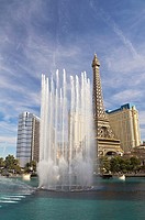 Water shoots out of the Bellagio Fountains, with the Paris Las Vegas Hotel and Casino in the background  Las Vegas, Nevada, United States