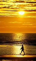one single man walking along beach at sunset with sea and sun behind