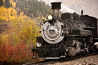 An historic railraod train climbs the Rocky Mountains in autumn