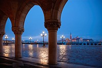 view to San Giorgio Maggiore from Doges Palace St Marks Square Venice Italy at twilight