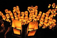 Bologna (Italy): paper lanterns floating in the Giardini Margherita’s lake after sunset, to commemorate Hiroshima atomic bomb’s massacre (August 6th)