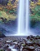 Base of Lower Elowah Falls and early autumn colors, Columbia River Gorge National Scenic Area, northern Oregon, USA