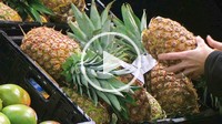 Woman selecting pineapple in market.