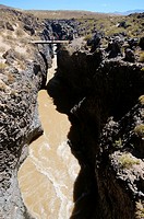 Rio Grande flowing through canyon cut through volcanic basalt, on the edge of Parque Nacional Payunia, Mendoza, Argentina