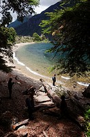 Hikers on the shores of Lago Paimun, Lanin National Park, Neuquen, Argentina