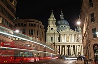 St  Paul´s Cathedral at night, showing the West Entrance from St Paul´s Church Yard, with motion blur traffic lights, London, UK