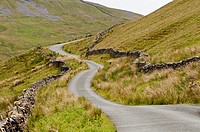 View of winding road surrounded by grass, Landscape in the Yorkshire-Dales region in North-England, Great Britain, Europe