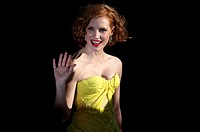 Europe, France, 06, Cannes Film Festival  The American actress, Jessica Chastain, before climbing the stairs, to present the film director Terrence Ma...