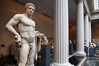 The marble statue of a youthful Hercules from Roman Flavian period display in the exhibition hall of Greek and Roman art in Metropolitan Museum of Art...