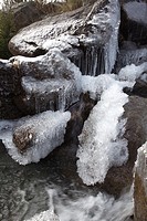 Frozen waterfall in Caldes de Boi in the national park Aigüestortes, Pyrenees, Lleida, Catalonia, Spain
