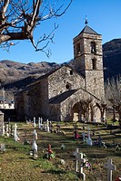 Romanesque Church of Sant Feliu in Barruera with cemetery and the bell tower overview, eleventh and twelfth centuries, Boi Valley in the Pyrenees, Lle...