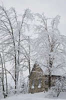 Old Fieldstone constructed Tibitts Hill School House through Snow covered Trees in Winter, Eastern Townships, Quebec