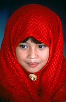 Muslim girl in red hijab, Sabah, Malaysia