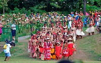 Delegations arriving for Marquesan festival -group from Ua Pou in front-, Nuku Hiva, Marquesas Islands, French Polynesia