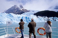 Tourists on a boat at the Upsala Glacier , Lago Argentino, Parque Nacional Los Glaciares, Patagonia, Argentina