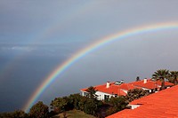 double rainbow above the Atlantic Ocean at the resort Jardim Atlantico, Prazeres, Madeira, Portugal, Europe.