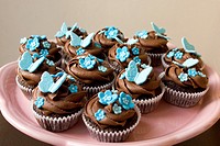 Pink plate of cupcakes with chocolate frosting swirl and blue butterfly and flower decorations on