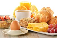 Breakfast with coffee, rolls, egg, orange juice, muesli and cheese