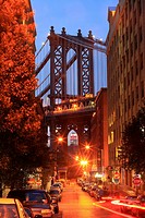 an area of brooklyn called dumbo, it is a suspension bridge that supports a train/subway line