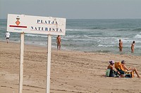 Nudist beach sign, Cullera, Valencia, comunidad Valenciana, Spain, Europe