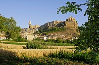 The castle, church and the historical village of Frias, from the eastern valley, Montes Obarenes Natural Park, Ebro river, Burgos, Castilla y Leon, Sp...