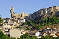 The castle and the historical village of Frias, with hanging houses, from the eastern valley, Montes Obarenes Natural Park, Ebro river, Burgos, Castil...