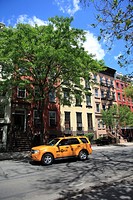 Street Scene, Taxi, Apartment Buildings, East Village, Manhattan, New York City, USA