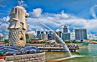Singapore, Singapore city, Downtown with famous Lion, Merlion and skyline of city in Fullerton Area of Clarke Quay area