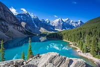 Moraine Lake in the Valley of the Ten Peaks in Banff National Park in the Canadian Rockies in Alberta Canada