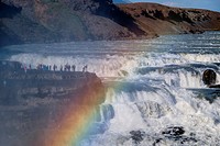 People on the edge of the waterfall of Gullfoss, one of the largest and mighty waterfalls of Iceland  Golden Circle  Southeast Iceland  Iceland, Scand...