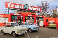 Zimmer, Berlin, Germany, Europe  Trabi World Trabant museum and cars used for city sightseeing tours outside Trabi World  Only vehicles available in f...