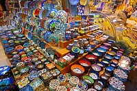 Ceramic display in the Egyptian Bazaar Istanbul next to a spice shop