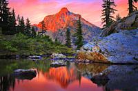 High Box peak seen from a tarn at Rampart Lakes in the Alpine Lakes Wilderness area of Washington state
